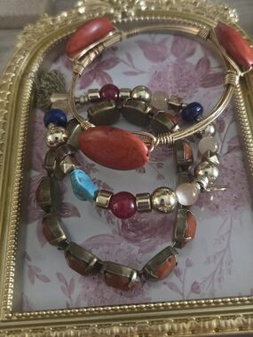Boho Bracelet Stack-"Express" Signed Stone Stretch, Goldtone Stone Bangle